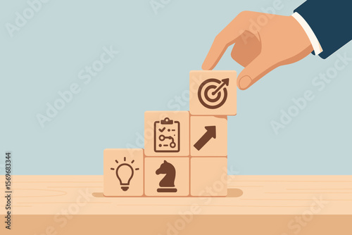 Business strategy planning concept, hand stacking wooden blocks with icons for idea, chess, action plan, growth arrow, goal target. Success, leadership, development steps