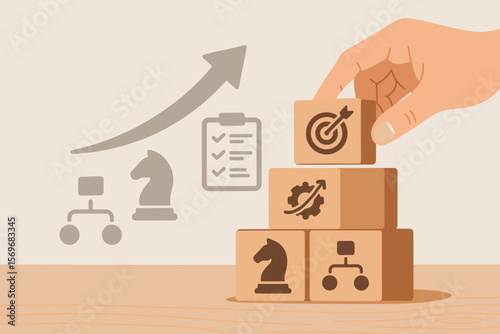 Business Strategy Action Plan, Goal Setting, Target Achievement, Hand Stacking Wooden Blocks with Icons, Organizational Growth, Success Planning, Business Development Concept