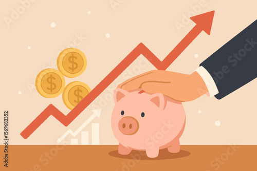 Saving money concept with a businessman hand on a piggy bank. Financial investment for wealth and profit. Growth arrow graph for business planning, budget, and retirement.
