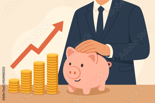 Investment growth concept with businessman saving money in a piggy bank. Stacks of coins chart and arrow up. Financial planning for retirement, wealth, success, profit.