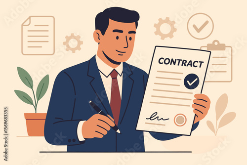 Businessman signs contract document. Manager with pen for commercial signing. Business cooperation, partnership agreement, and deal approval concept. Document management vector.