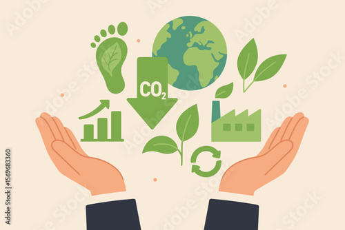 ESG concept for business. CO2 reduction, carbon credit and footprint. Net zero emissions, circular economy, green industry. Sustainable development to limit climate change.