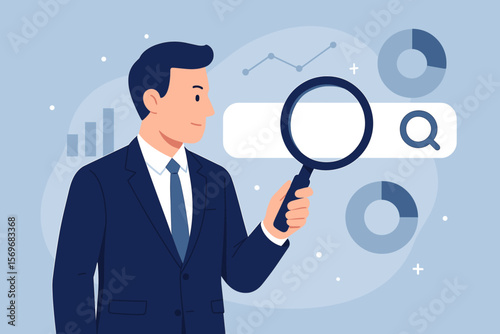 Businessman uses magnifying glass for data search on a virtual screen. Concept of search engine optimization, market research, business analysis, and information technology.