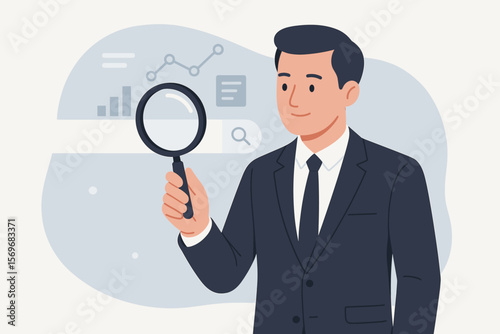 Businessman with magnifying glass for data search and analysis. SEO, Search Engine Optimization, and business intelligence concept. Man researching market information online.