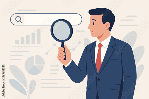 Businessman with magnifying glass searching for information on virtual screen. Data analysis, SEO, business intelligence, market research concept. Man analyzing charts and graphs.