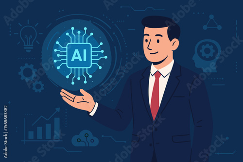 Artificial intelligence for business growth. Man presents futuristic AI chip icon. Concept of automation, smart solutions, innovation, data analysis, and digital technology.