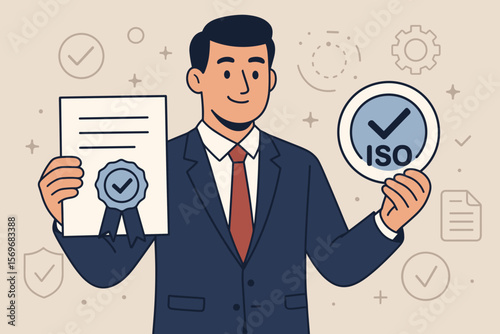 Businessman holding certified document and ISO sign. Concept for quality assurance, standard compliance, audit process, and document verification. Business certification.