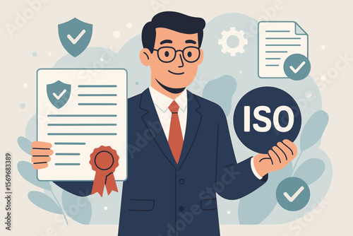 Businessman holding ISO certificate for quality assurance. Concept of standard management, compliance, document verification, audit process, and international standardization.