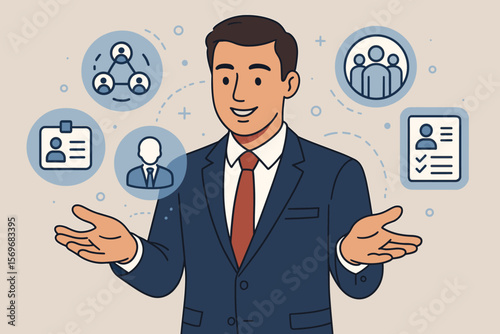 Human resources management concept with businessman and digital icons. Vector illustration of team leadership, recruitment, employee data, personnel, and company organization.