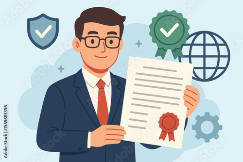 Businessman holding certified document for ISO standard and quality assurance. Concept of compliance, audit process, verification, global regulations, and business policy.