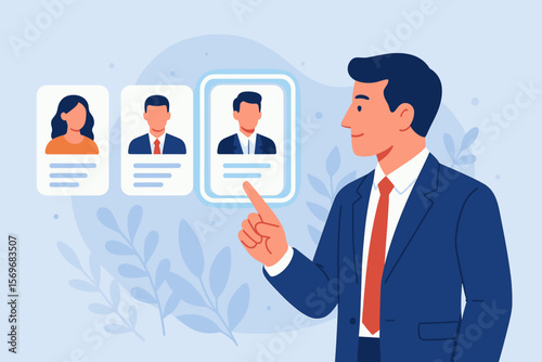 Human resources manager choosing candidate profile on virtual screen. Recruitment, hiring process, talent acquisition concept. HR selecting new employee for a job. We are hiring.