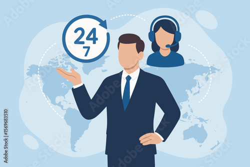 24-7 support services concept. Businessman showing virtual worldwide nonstop service. Global full-time contact. Assistance and customer care. Call center operator. Vector illustration.