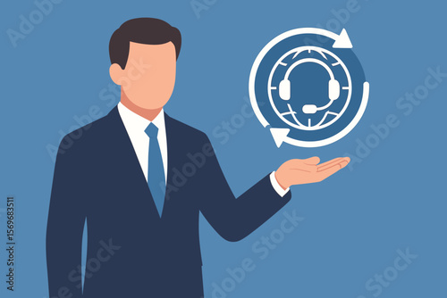 Businessman shows virtual 24/7 support service. Worldwide nonstop and full-time available contact concept. Global assistance, customer services, helpdesk, call center icon.