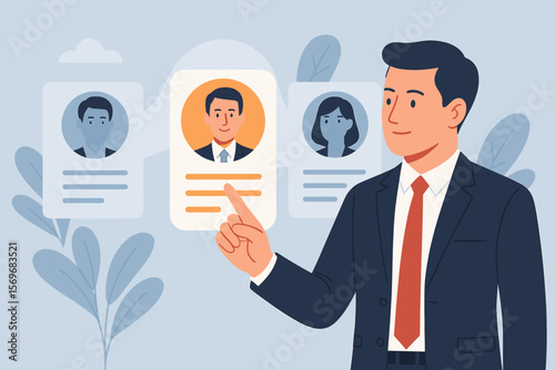 Businessman selecting a candidate profile on a virtual screen for a job. Concept for recruitment, hiring process, talent acquisition, and human resources management business.