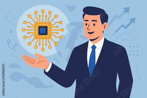 Businessman showing AI processor chip. Concept for technology innovation, progress, and future business growth. Global development, semiconductor industry, advanced CPU.
