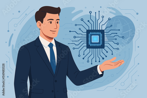 Businessman presenting a futuristic microchip. Artificial intelligence, advanced technology, and global innovation concept. CPU processor on an electronic circuit board vector.