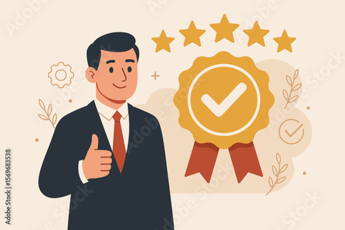 Quality assurance concept. Businessman gives thumbs up for 5 star service. Top rating, guarantee, standards, and ISO certification. Excellent product and customer satisfaction.