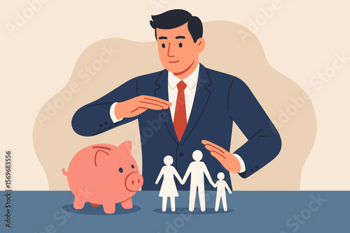 Family finance plan concept. Businessman protecting piggy bank savings and paper family. Life insurance, financial security, investment for the future, wealth management.