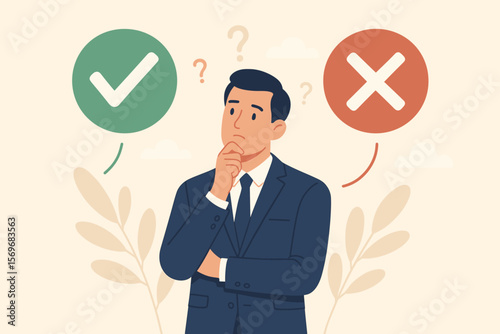 Decision making concept. Businessman thinking about a choice between right and wrong. Yes or no options. Dilemma with positive and negative symbols. Business ethics and strategy.