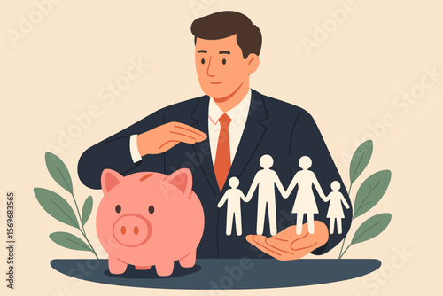 Businessman protecting piggy bank and paper family in hand. Concept of financial planning, life insurance, saving for retirement, wealth management, superannuation, investment.