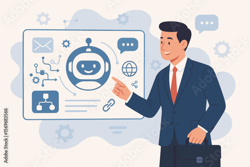 Businessman using AI agent interface for smart automation. Concept of artificial intelligence, chatbot, virtual assistant, customer service, and digital communication.