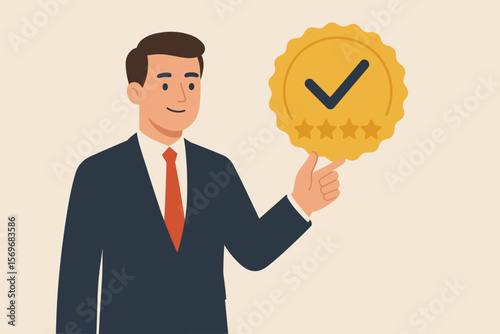Businessman shows a sign of top service and quality assurance. 5 star guarantee. Standards, ISO certification, and standardization concept. Best product, excellence award.