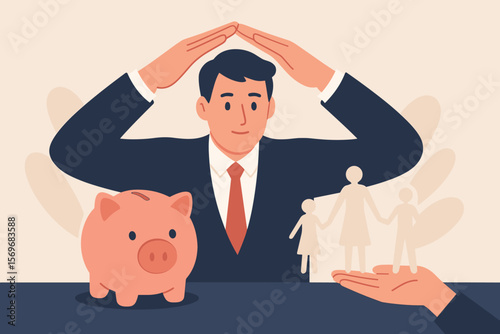 Businessman protects piggy bank and paper family. Concept of financial planning, life insurance, savings. Metaphor for security, investment, wealth management for the future.