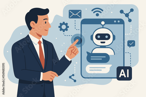 Businessman using AI agent for smart automation and communication. Concept of artificial intelligence, chatbot on phone, virtual assistant, generative AI, and customer service.