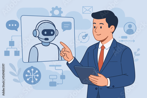 Businessman using AI agent interface for smart automation and digital communication. Concept of artificial intelligence, chatbot, virtual assistant, tech support, generative AI.