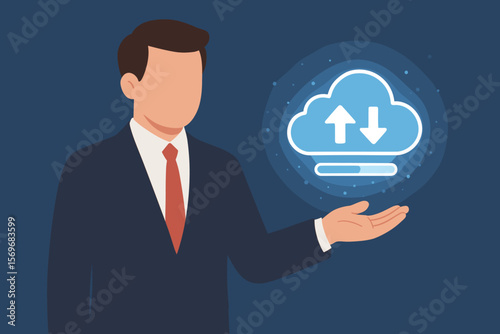 Businessman showing virtual glowing cloud computing icon. Data download, upload, and loading information on a system network application. Technology data transformation and storage.
