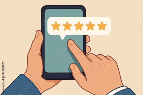 Close up hand using smartphone with five star rating feedback pop up, customer review, satisfaction survey, business service experience, online evaluation, quality assessment