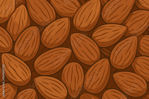 Seamless almond nut pattern. Realistic whole almonds close up. Healthy snack food background. Brown nut texture. Flat vector cartoon illustration for packaging, wallpaper, design