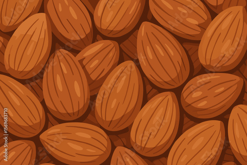Seamless almond nuts pattern background. Realistic whole almonds close up. Healthy snack food texture. Nutty organic ingredient. Flat vector illustration for packaging, kitchen, vegan design