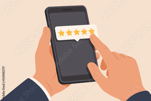 Customer giving five star rating on smartphone. Hand holding mobile device with feedback popup. Online review, satisfaction survey, business service experience, quality evaluation.