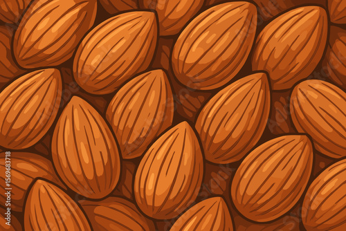 Seamless almond nut pattern background. Realistic whole almonds close up. Healthy food texture. Natural brown nut shell. Organic snack design. Vector cartoon illustration