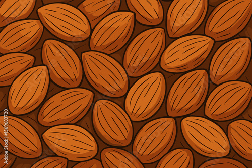 Seamless almond nut pattern background. Hand drawn cartoon vector illustration of whole almonds. Healthy food, vegan snack, organic nuts, natural texture, kitchen design