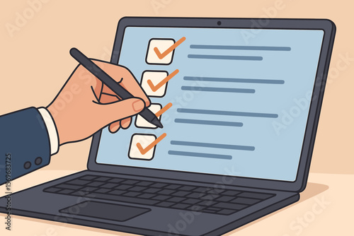 Digital checklist on laptop screen, hand using stylus to mark tasks complete. Productivity, task management, business planning, workflow, project organization, efficiency concept
