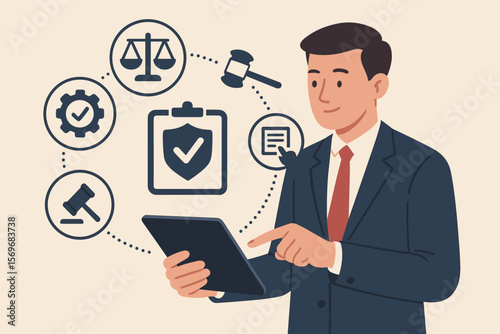 Business Compliance Law Concept. Enforcing Regulations and Standards. Businessman Using Tablet with Legal Icons. Policy, Audit, Risk Management, Corporate Governance