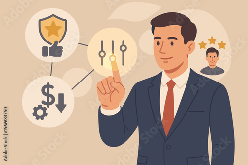Businessman Touching Virtual Controls for Quality Management, Cost Optimization, Customer Satisfaction, Company Performance, Service Improvement, Financial Efficiency Concept