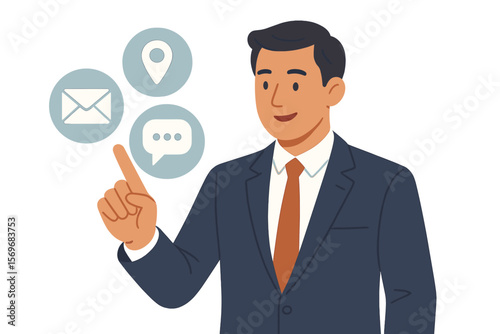 Businessman Touching Virtual Contact Icons for Customer Support, Email, Location, Live Chat, Communication, Online Service, Hotline, Corporate Assistance, Help Desk Concept
