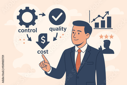 Businessman Touching Control Quality Cost Optimization Infographic for Products Services, Customer Satisfaction, Performance Improvement, Efficiency, Management, Success, Growth
