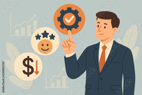 Businessman Touching Gear Icon for Quality Control, Cost Optimization, Customer Satisfaction, Performance Improvement, Financial Management, Service Excellence, Business Success