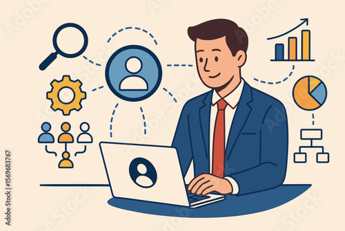 Businessman Using CRM System Technology with Data Analytics, Customer Relationship Management, Digital Strategy Icons, Marketing Automation, Customer Engagement, Workflow Optimization