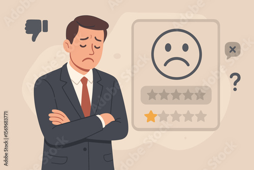 Unhappy businessman arms crossed, negative customer experience concept, sad face rating, one star review, dissatisfied client, poor service, bad feedback, low quality complaint