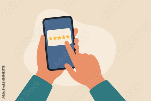 Customer Giving Five Star Rating on Mobile App. User Satisfaction Feedback. Hand Touching Smartphone Screen. Service Quality Review. Online Experience Evaluation. Copy Space.