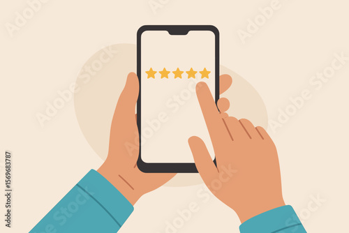 Customer hand giving five star rating on mobile phone app. User feedback, satisfaction survey, review system, service evaluation, positive experience, quality assessment concept