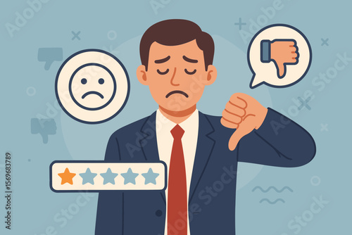 Unhappy businessman showing thumbs down, negative customer experience, bad service, low star rating, sad emotion, dissatisfied client, poor quality, negative feedback concept