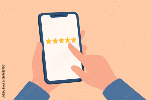 Customer hand using mobile app to give five star rating, service feedback, satisfaction survey, online review, client experience, quality evaluation, digital rating concept