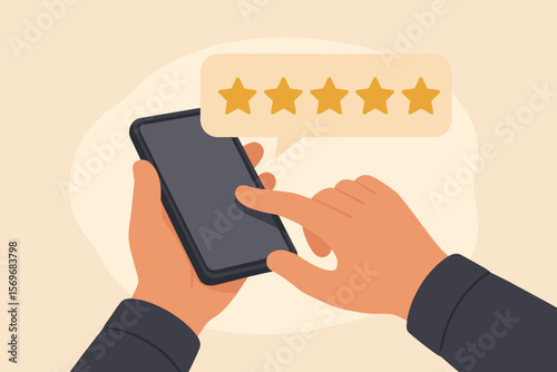 Five star customer review feedback. Close up hand using smartphone for online rating. Positive service experience, satisfaction survey, quality evaluation, user testimonial, mobile app