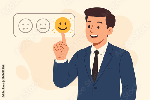 Customer satisfaction feedback rating concept. Businessman in suit selecting happy smiley face on virtual screen. Service quality evaluation. Positive review. Client experience survey